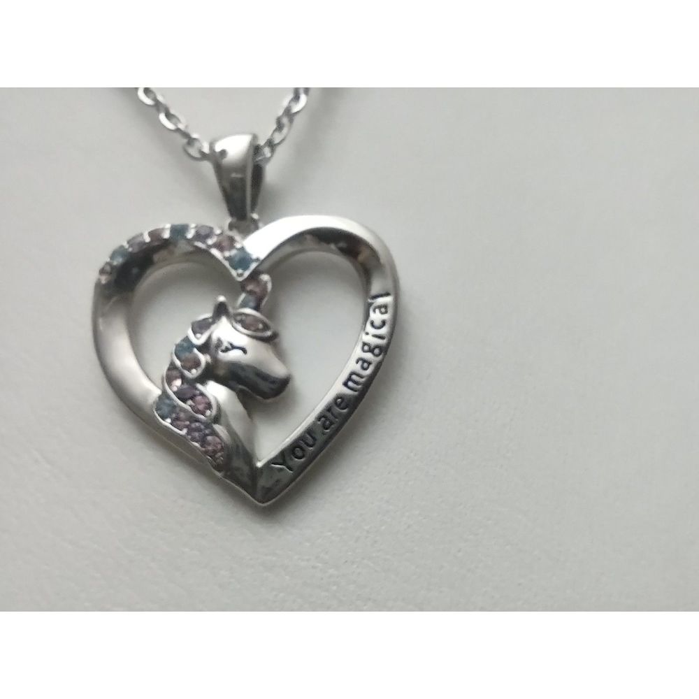"Magical" Pink and Blue Rhinestone Unicorn Heart Pendant with Chain